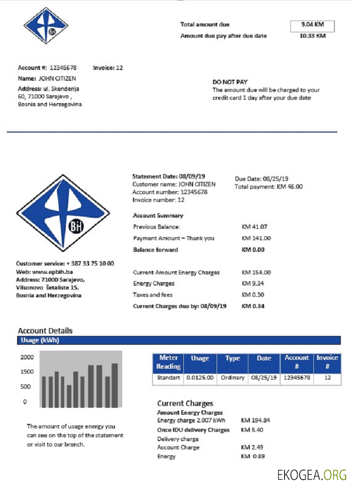 Bosnia and Herzegovina Elektroprivreda BiH electricity utility bill